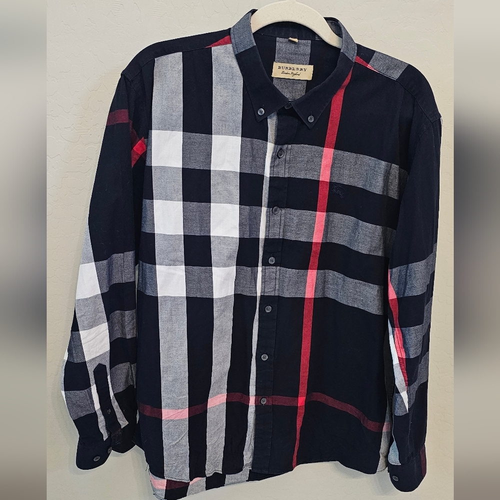 Burberry Blue and White and Red Plaid Button-Down Shirt